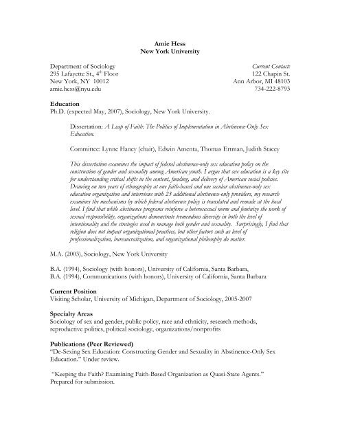 Amie Hess Department Of Sociology New York University