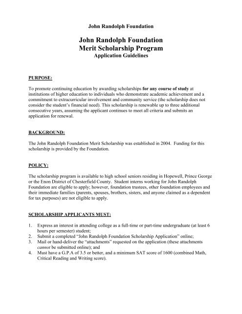 John Randolph Foundation Merit Scholarship Program