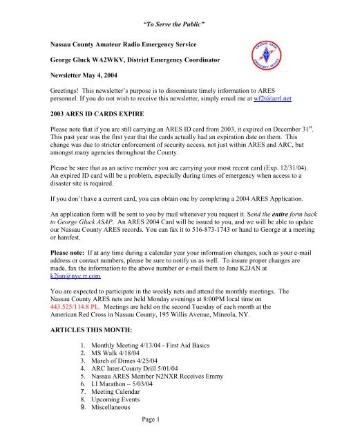 Nassau County Amateur Radio Emergency Service Newsletter
