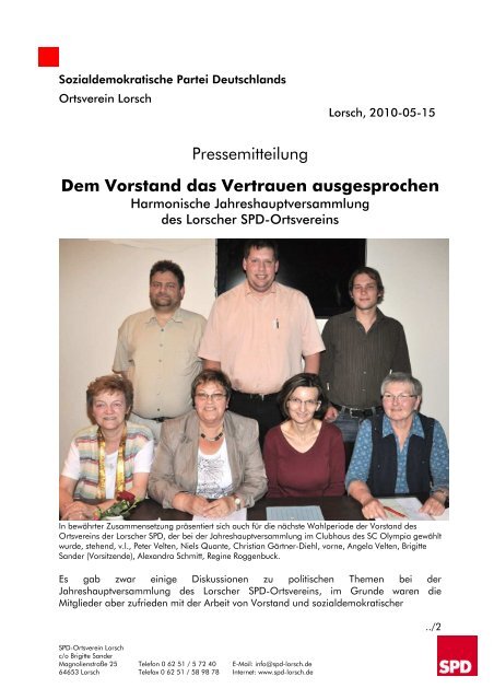 Pressemitteilung Dem Vorstand das Vertrauen ... - SPD Lorsch