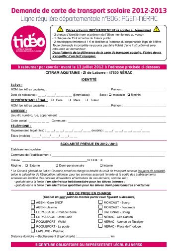 Demande de carte de transport scolaire 2012-2013 ... - Lot-et-Garonne