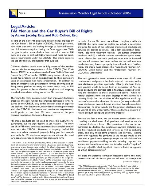 F&I Menus and the Car Buyer's Bill of Rights - Venable LLP