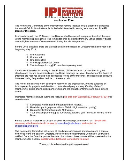 2013 Board Of Directors Election Nomination Form International