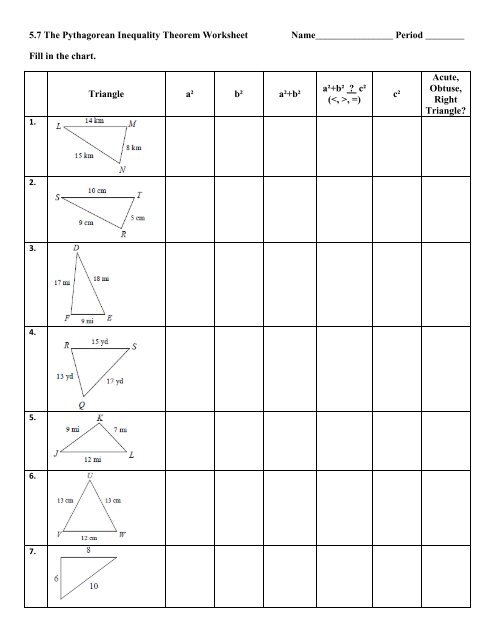 5.7 The Pythagorean Inequality Theorem Worksheet ...