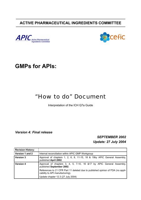 GMPs for APIs - Active Pharmaceutical Ingredients Committee - Cefic