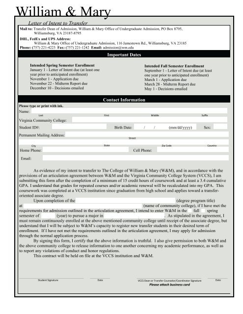 Letter Of Intent College Of William And Mary