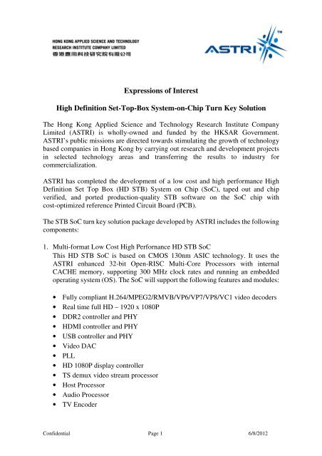 Expressions of Interest High Definition Set-Top-Box System ... - ASTRI