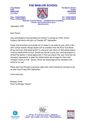 Cookery Fun Club letter Sept. 2012 - The Maelor School