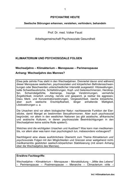 Klimakterium Und Seelische Sta Rungen