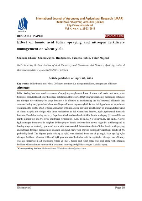 Effect of humic acid foliar spraying and nitrogen fertilizers management on wheat yield