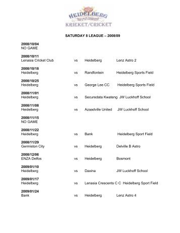 SATURDAY 8 LEAGUE â 2008/09 2008/10/04 NO GAME 2008/10 ...