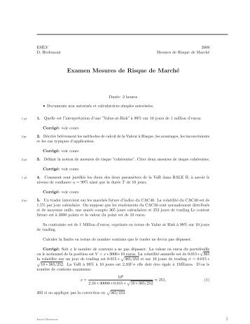 Examen Mesures de Risque de MarchÃ© - Yats.com