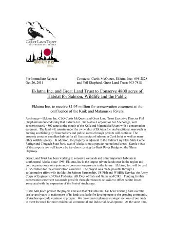 Eklutna Inc. and Great Land Trust to Conserve 4800 acres of Habitat ...