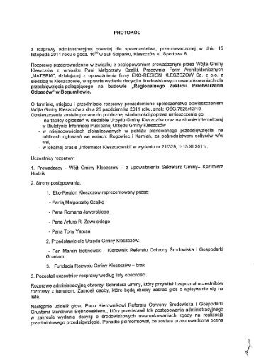 Protokół z rozprawy administracyjnej - Gmina Kleszczów