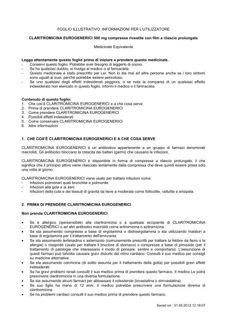 Specialità medicinale CLARITROMICINA EUROGENERICI - Eglab.it