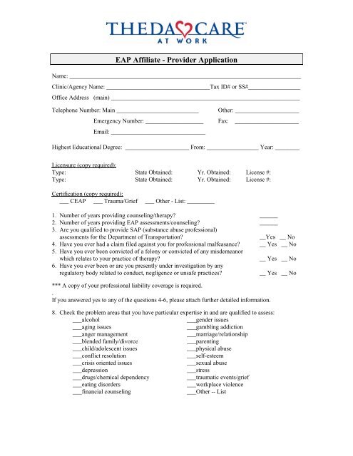 Employee Assistance Program EAP Application Form ThedaCare