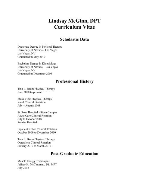 Lindsay McGinn, DPT Curriculum Vitae - Tina L Baum, Physical ...