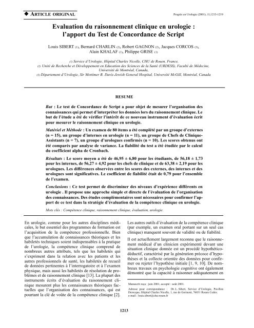 Evaluation du raisonnement clinique en urologie : l ... - Urofrance