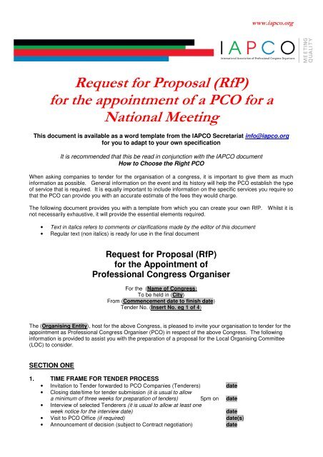 Request for Proposal (RfP) for the appointment of a PCO for ... - IAPCO