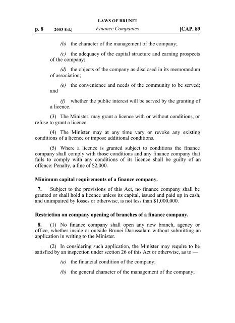 LAWS OF BRUNEI CHAPTER 89 FINANCE COMPANIES ACT