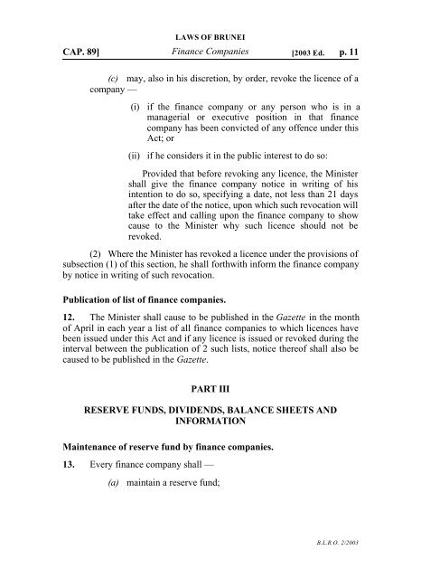 LAWS OF BRUNEI CHAPTER 89 FINANCE COMPANIES ACT