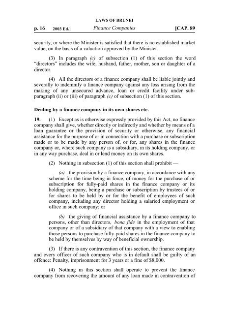 LAWS OF BRUNEI CHAPTER 89 FINANCE COMPANIES ACT