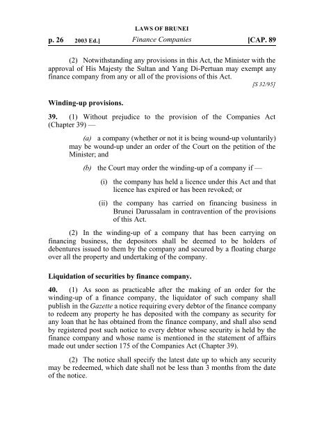 LAWS OF BRUNEI CHAPTER 89 FINANCE COMPANIES ACT