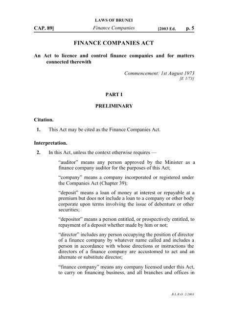 LAWS OF BRUNEI CHAPTER 89 FINANCE COMPANIES ACT