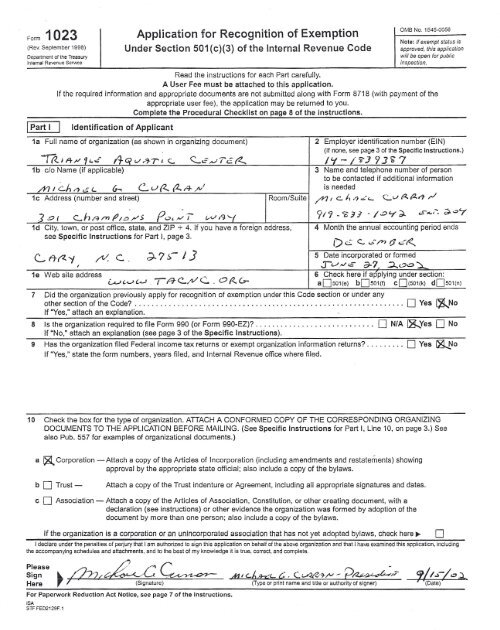 Form 1023 Application - Triangle Aquatic Center