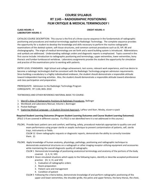 course syllabus rt 1145 â radiographic positioning film critique ...