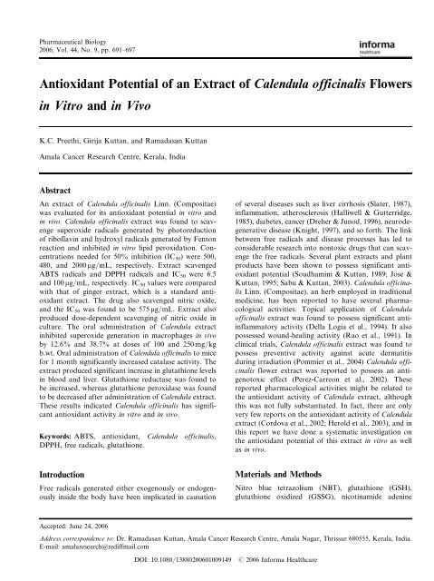 Antioxidant Potential of an Extract of Calendula officinalis Flowers in ...