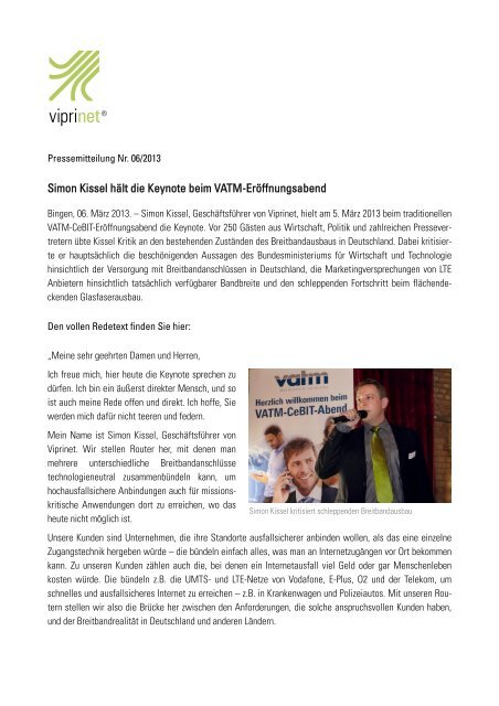 Simon Kissel hÃ¤lt die Keynote beim VATM-ErÃ¶ffnungsabend - Viprinet