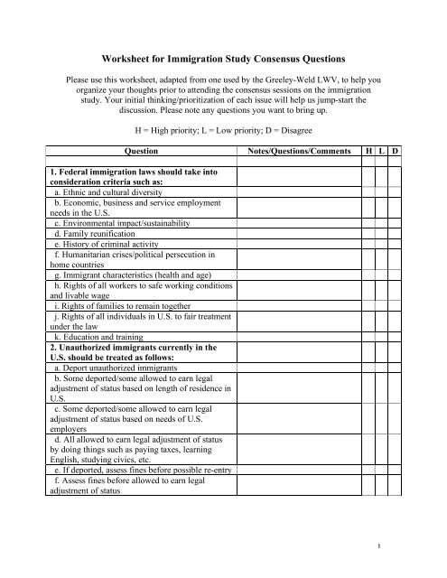 Worksheet for Immigration Study Consensus Questions