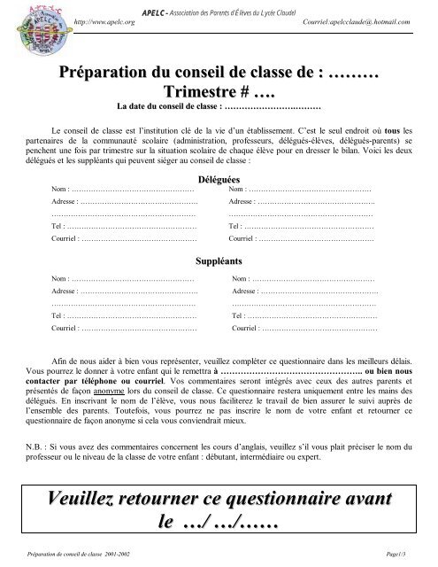 Exemple De Questionnaire Aux Parents Apelc Org