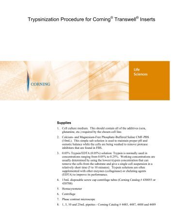 Trypsinization Procedure for CorningÂ® TranswellÂ® Inserts CLS-AN ...