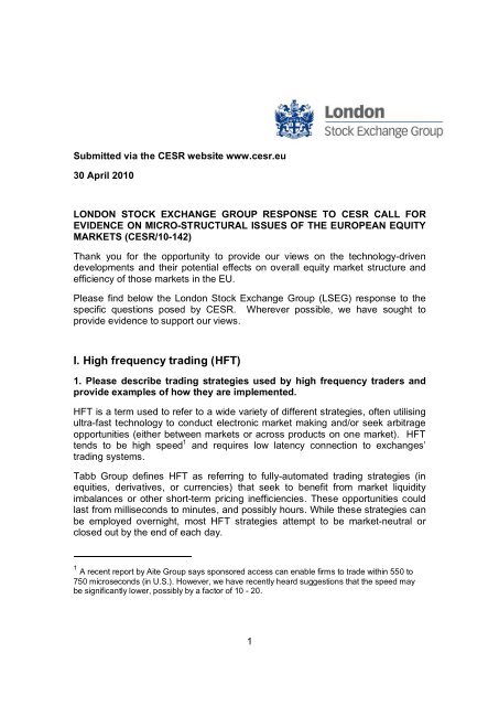 I. High frequency trading (HFT) - London Stock Exchange