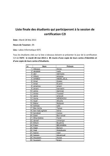 Liste finale des Ã©tudiants qui participeront Ã  la session de ...