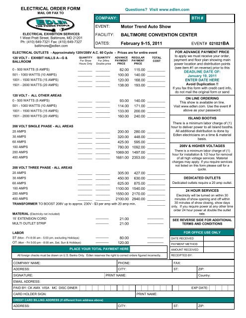 ELECTRICAL ORDER FORM Motor Trend Auto Show BALTIMORE ...