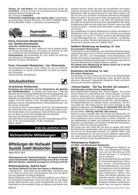 Mitteilungen der Hochwald- Touristik GmbH Weiskirchen