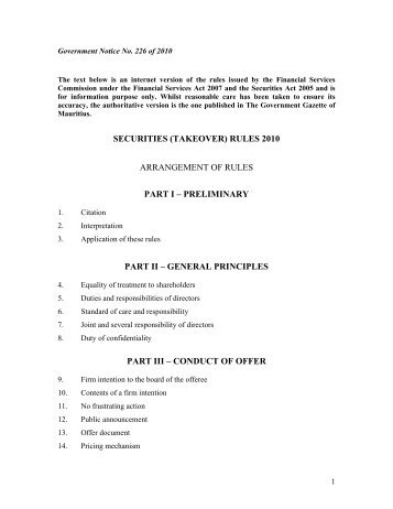 Securities (Takeover) Rules 2010 - The Stock Exchange of Mauritius