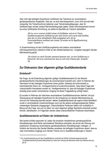 Der Gender Markt - Qualitätsentwicklung Gender  Mainstreaming