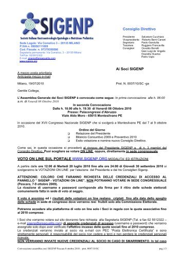 lettera di convocazione di assemblea SIGENP prot. n. 0007-10/SC ...
