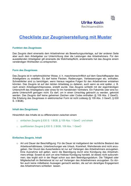 Checkliste zur Zeugniserstellung mit Muster - Rechtsanwältin Ulrike ...