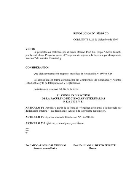 RESOLUCION Nº 314/99 CD - Facultad de Ciencias Veterinarias