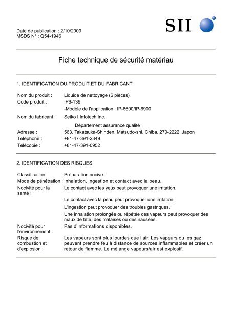 Fiche technique de sÃƒÂ©curitÃƒÂ© matÃƒÂ©riau - Seiko I Infotech Inc.