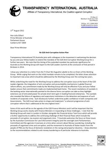 Letter to PM Julia Gillard - Transparency International Australia