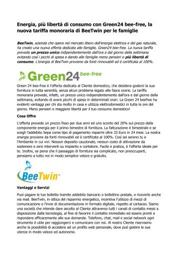 BeeTwin: Green24 bee-free la nuova tariffa monoraria per le famiglie