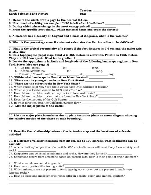 Earth Science Regents Scoring Chart