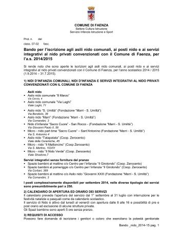 BANDO - Iscrizioni nido a.s. 2013/2014 - Comune di Faenza