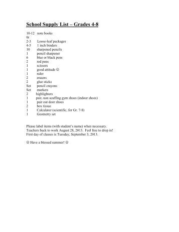 School Supplies List â Grades 6-8